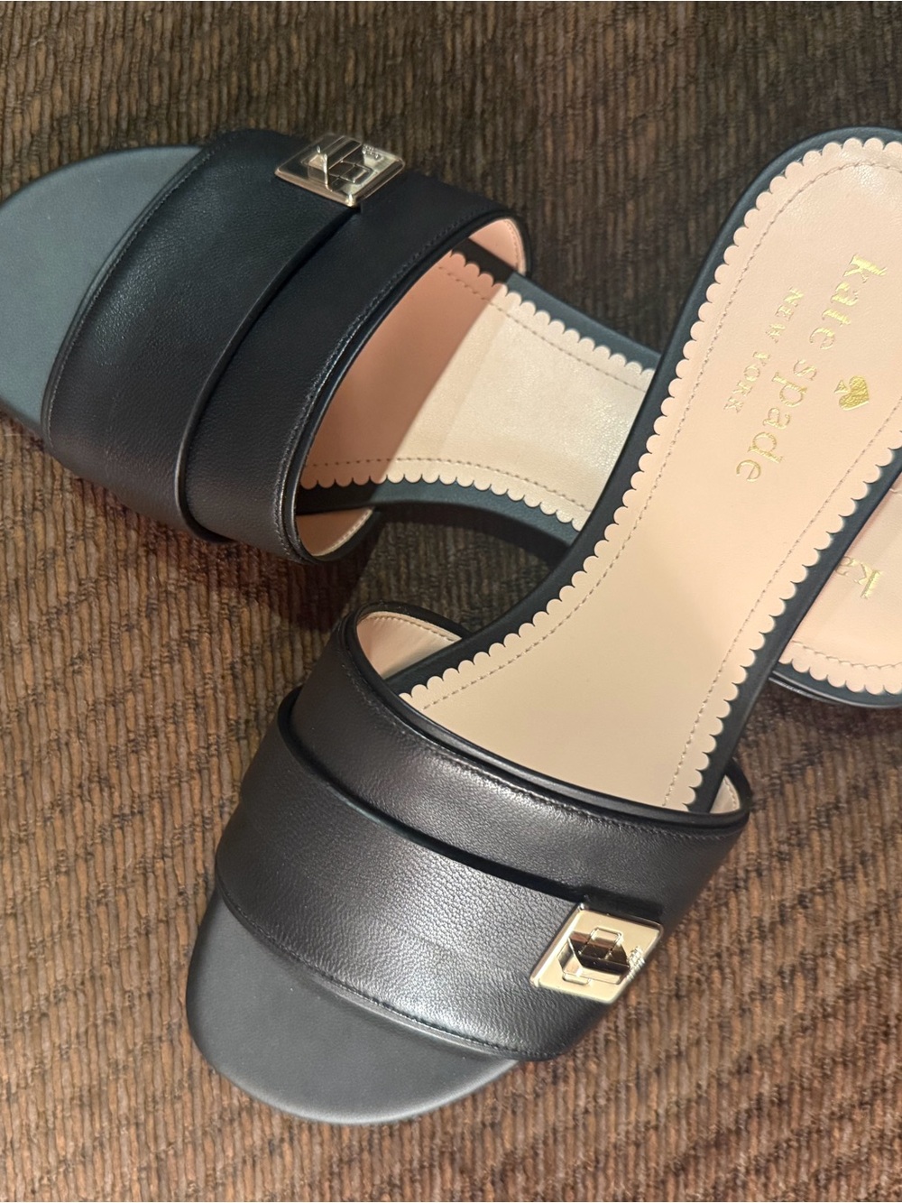 Brand New Kate Spade Phoebe Black Leather Slide Sandals - Picture 3 of 6